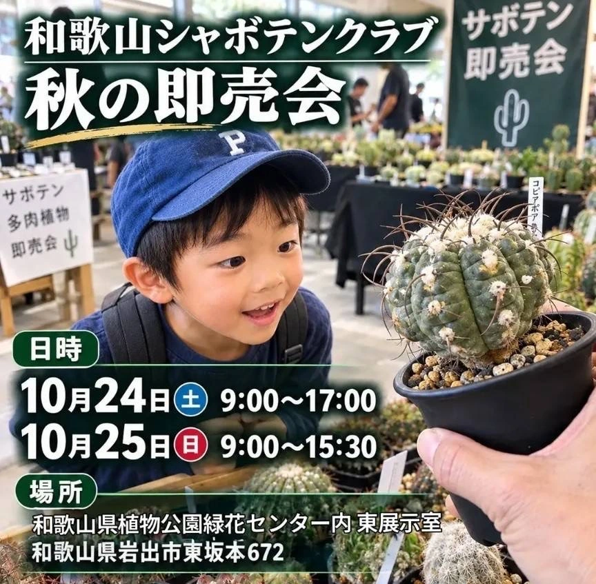 和歌山シャボテンクラブ 秋の即売会のフライヤー。子どもとサボテンの写真。10月24日9時から17時、25日9時から15時30分、緑花センター東展示室。